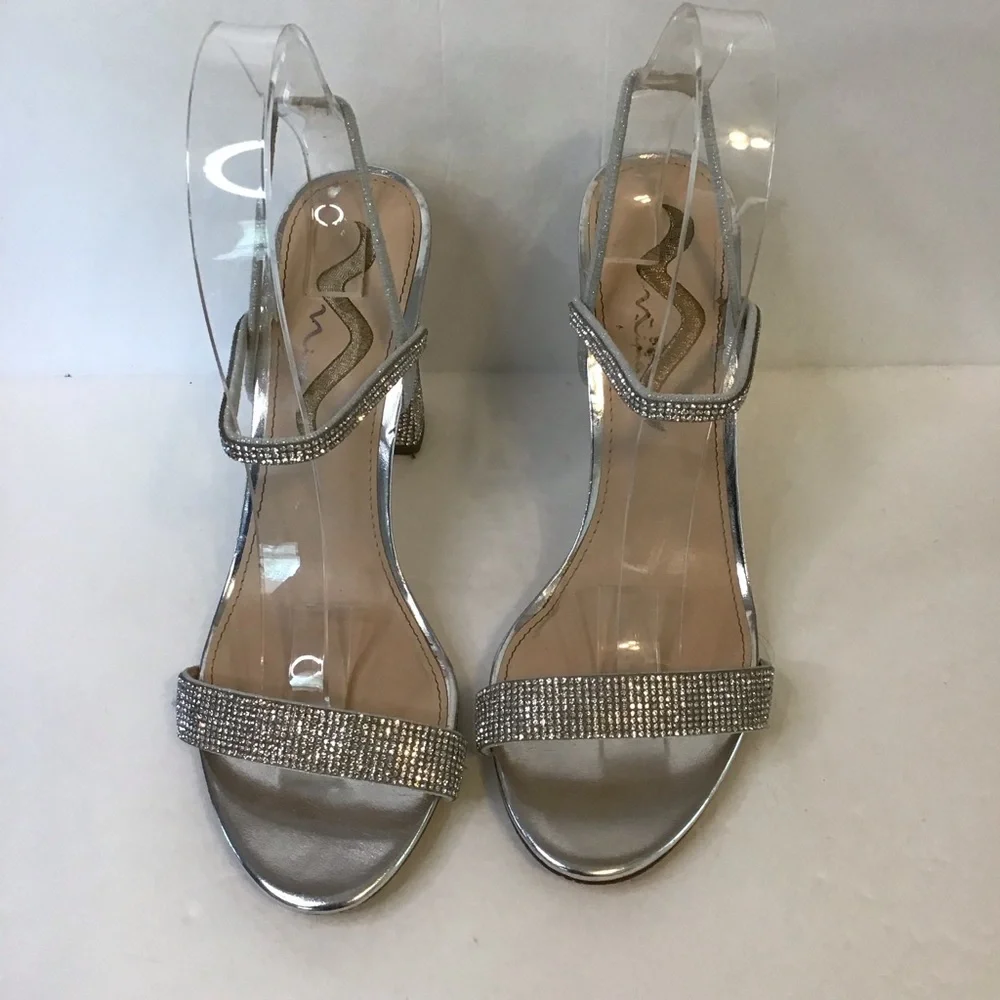 N by Nina Women's Silver Rhinestone SANCHIA Evening Chunky Heel Sandals 10